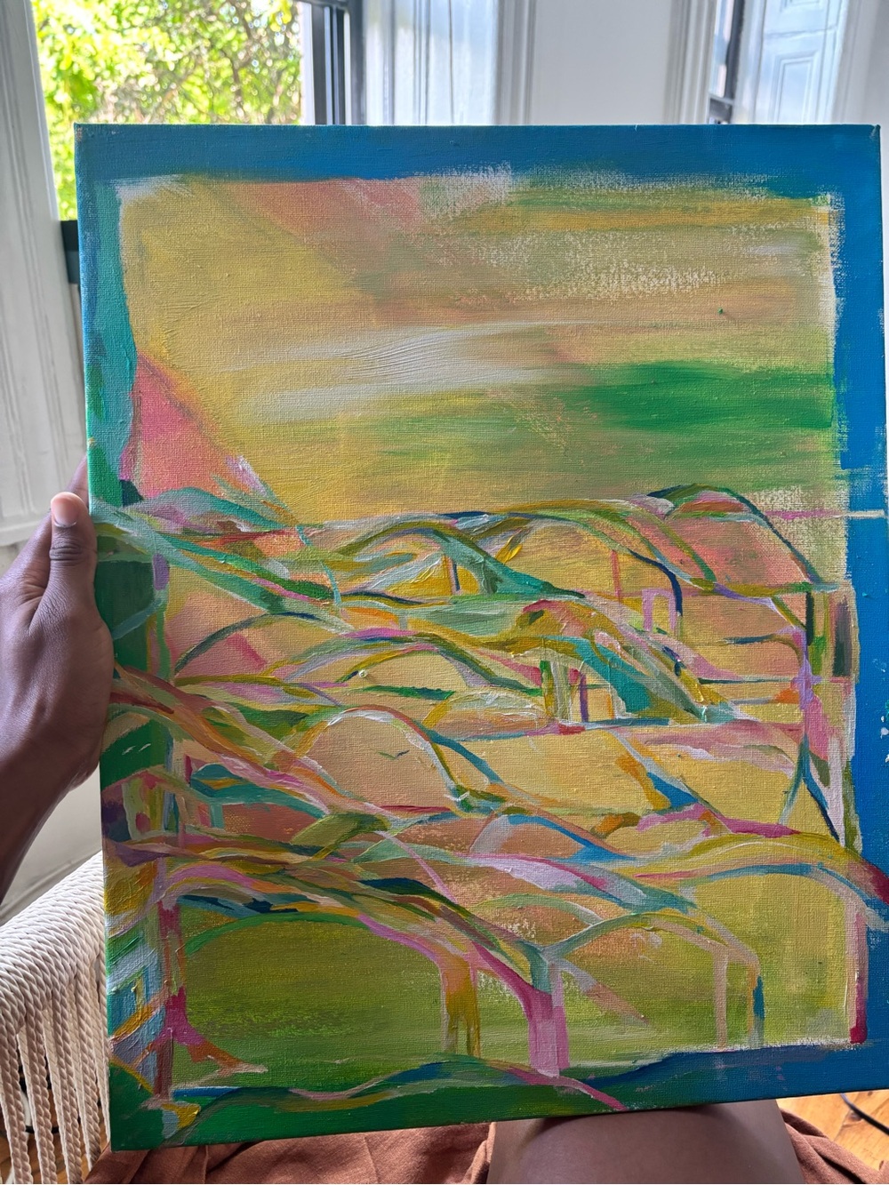 Contemporary Abstract Landscape Canvas Art in Green and Pink
